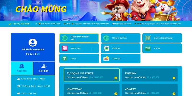 F8bet cung cấp đa dạng phương thức nạp và rút tiền